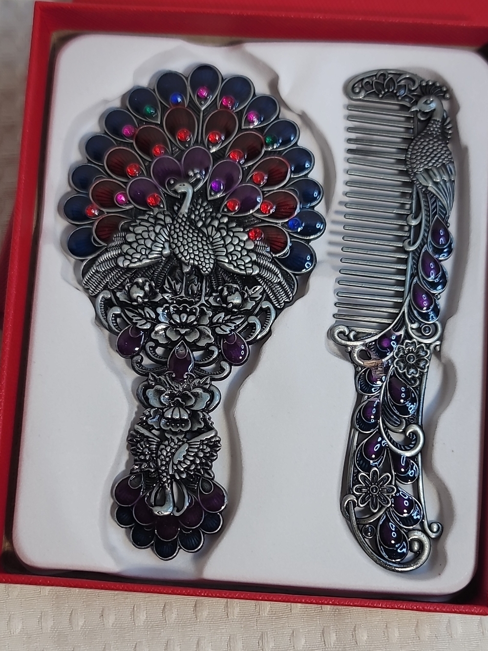 Peacock Decorative Hand Mirror & Comb Set - Multicolor